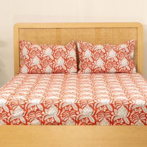 Red Artichoke Print Cotton Bedsheet With Bag
