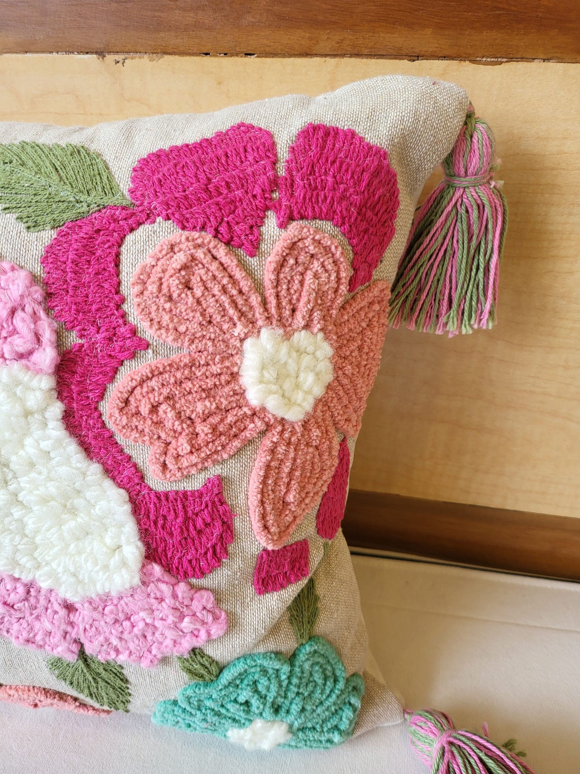 Pink Flower With Tassels Premium Embroidery Tufted Cushion (14"x20") 2 Pink Flower With Tassels Premium Embroidery Tufted Cushion (14"x20") - Image 2