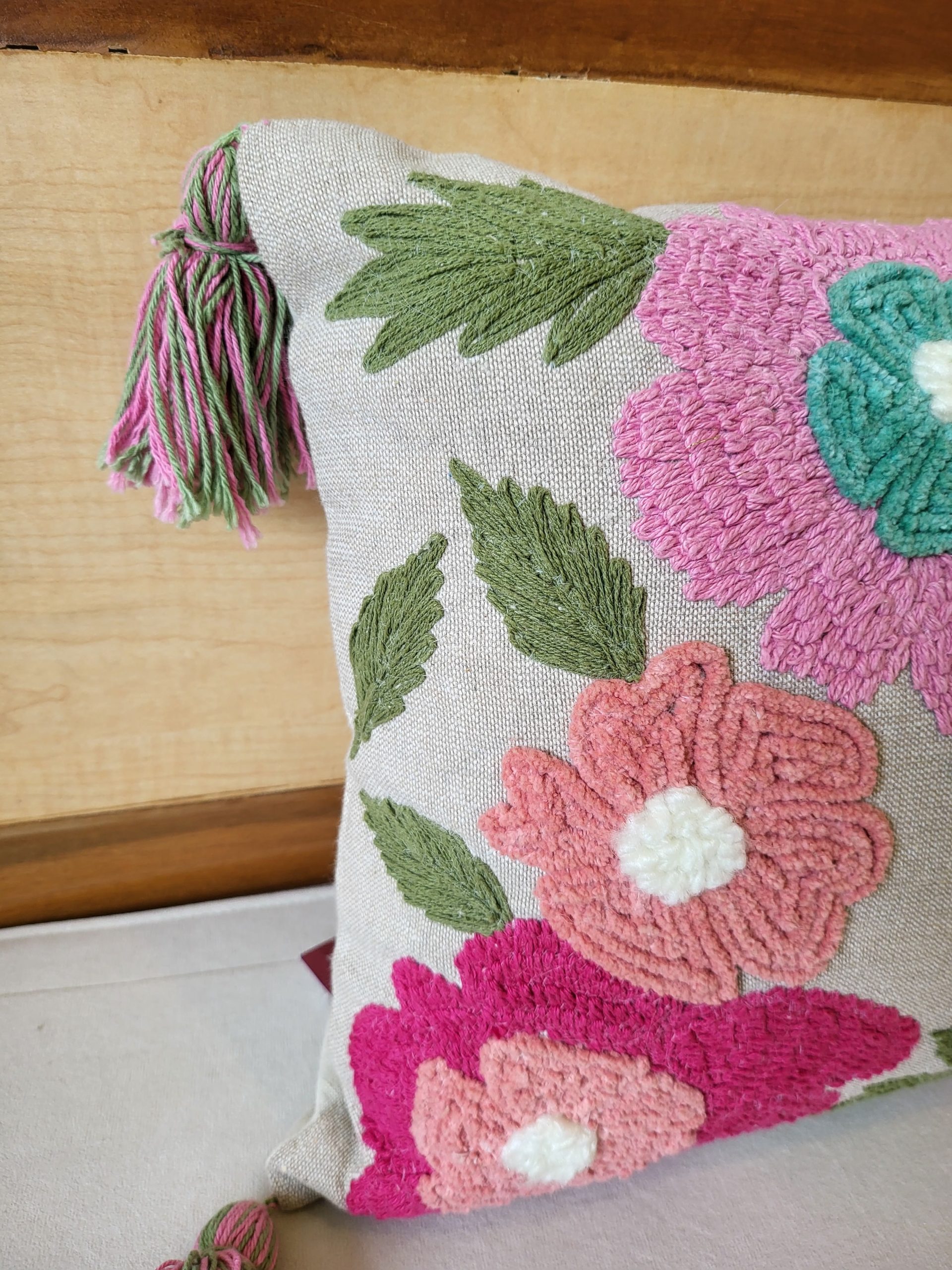 Pink Flower With Tassels Premium Embroidery Tufted Cushion (14"x20") 3 Pink Flower With Tassels Premium Embroidery Tufted Cushion (14"x20") - Image 3