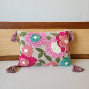 Pink Flower With Tassels Premium Embroidery Tufted Cushion (14"x20")