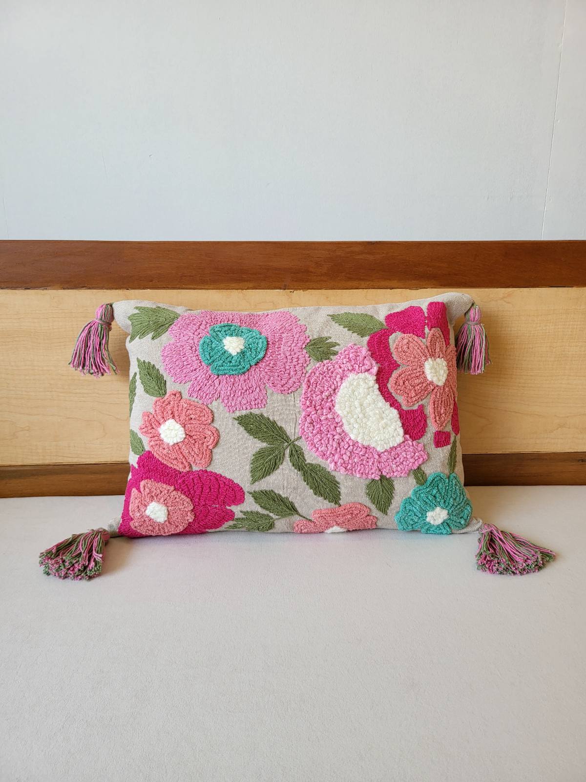 Pink Flower With Tassels Premium Embroidery Tufted Cushion (14"x20") 1 Pink Flower With Tassels Premium Embroidery Tufted Cushion (14"x20")