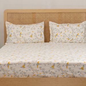 Grey Bird Cotton Printed Bedsheet With Bag