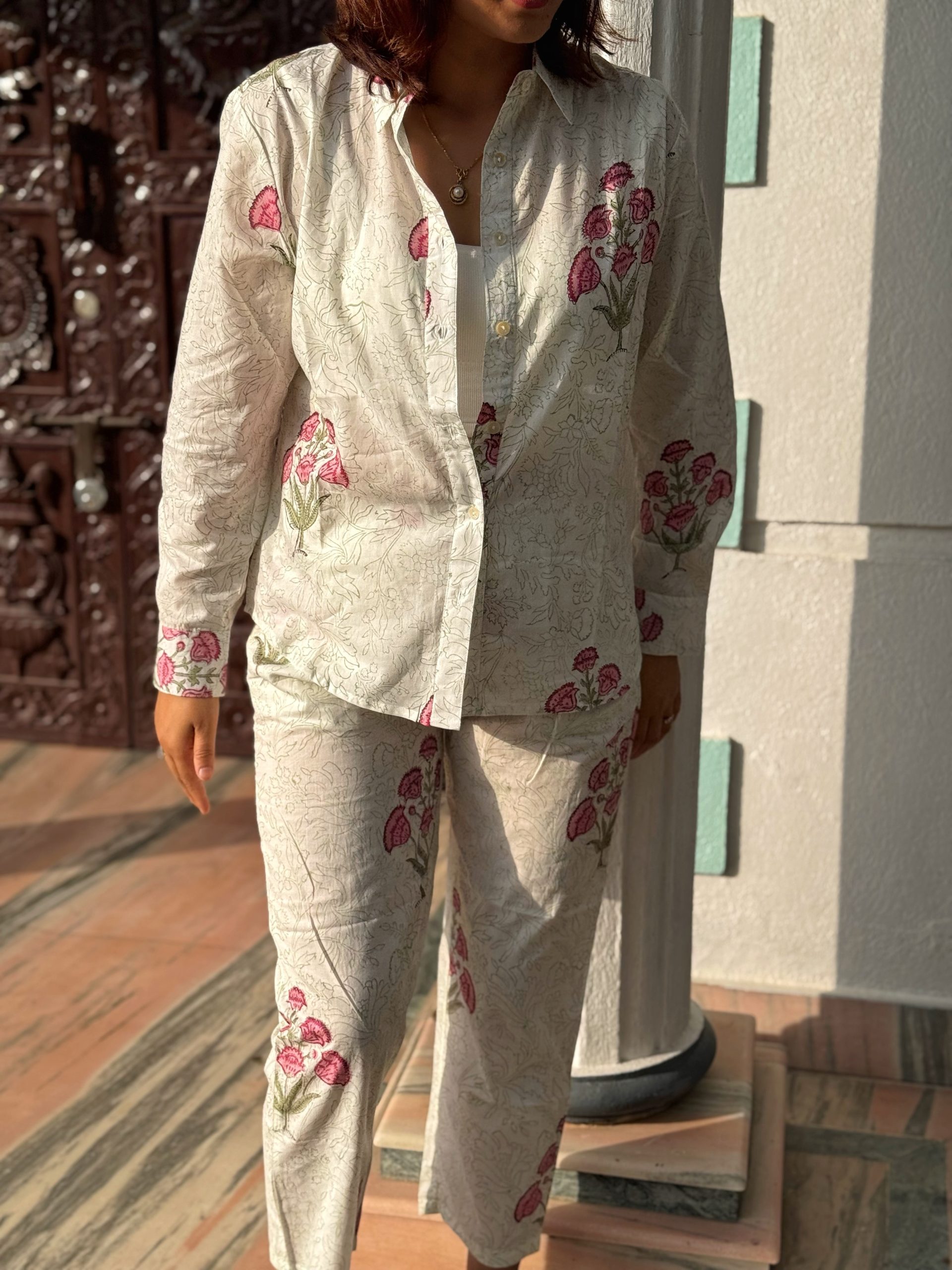 Pink Flower Collar Shirt & Pant Co-ord Set 2 Pink Flower Collar Shirt & Pant Co-ord Set - Image 2