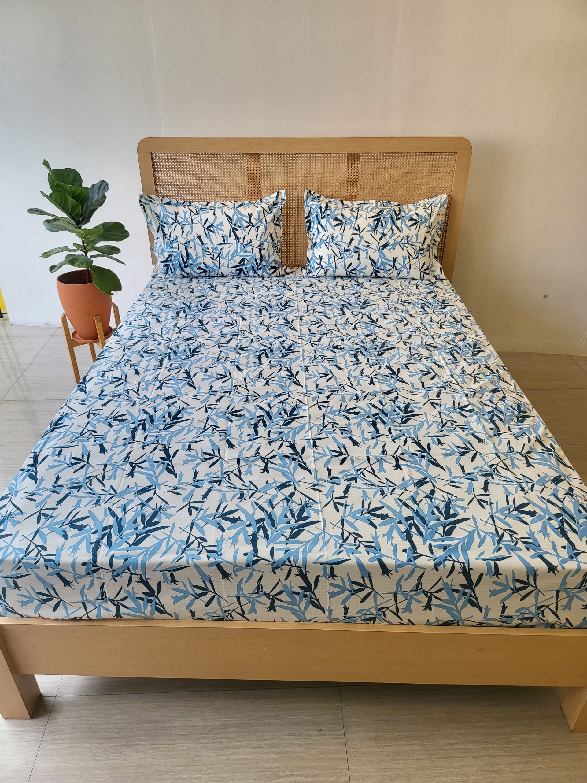 Blue Leaves Printed Cotton Bedsheet With Bag 1 Blue Leaves Printed Cotton Bedsheet With Bag