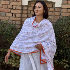 Orange Bird Three Layer Malmal Khasto/Shawl With Bag