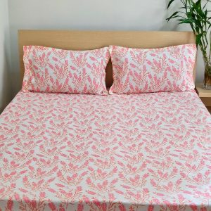 Pink Comb Flower Cotton Bedsheet With Bag