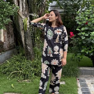 Black Palm V-Neck Kurthi Pant Co-ord Set