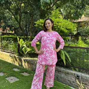Pink Floral V-Neck Kurthi Pant Co-ord Set