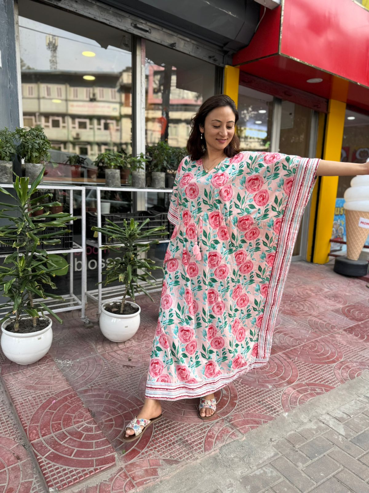 Big Pink Flower V Neck Cotton Zipper Kaftan 1 Big Pink Flower V Neck Cotton Zipper Kaftan
