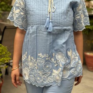 Blue Floral Embroidery Cotton Co-ord Set
