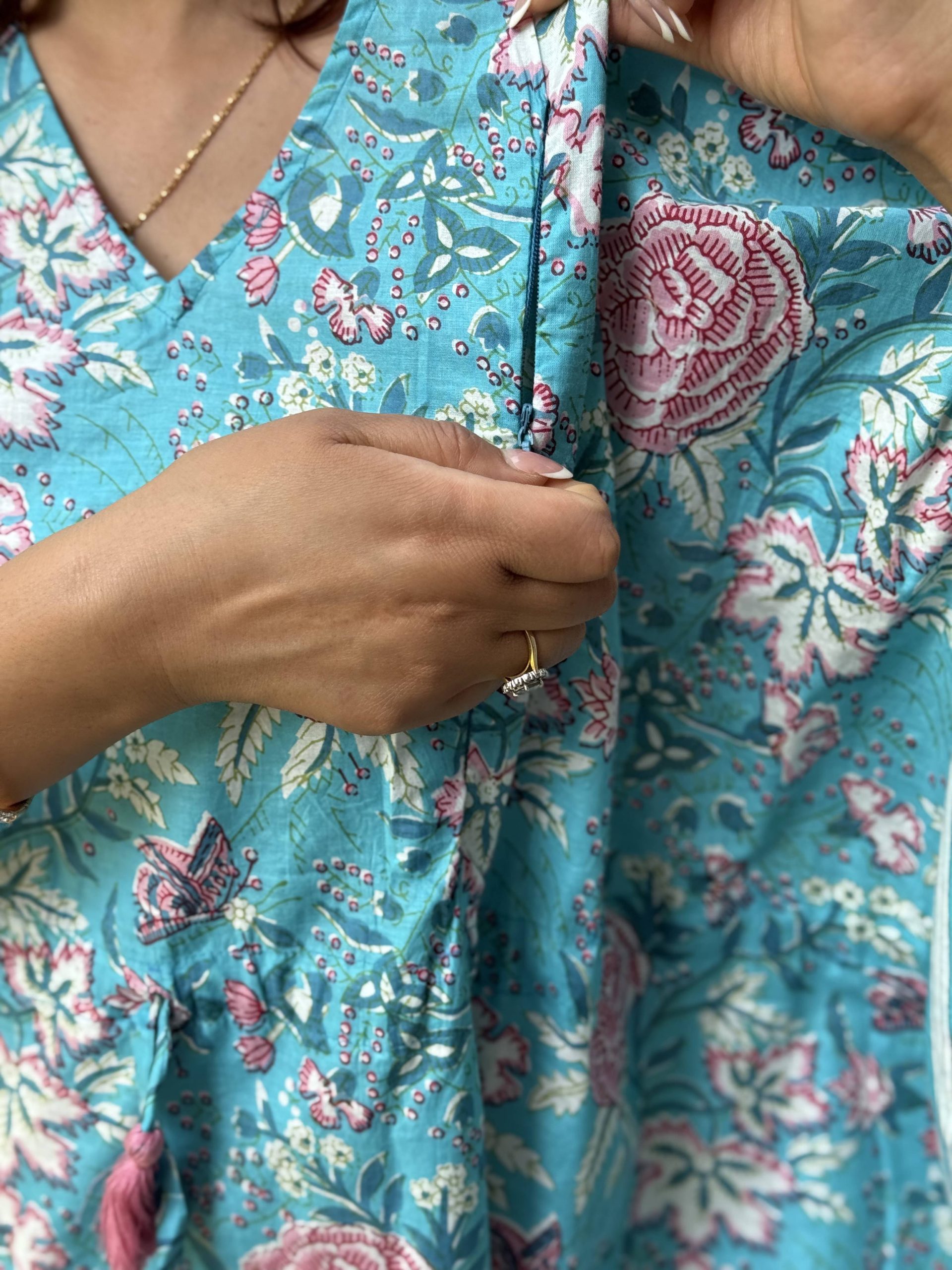 Pink Flower With Blue Base V Neck Zipper Kaftan 1 Pink Flower With Blue Base V Neck Zipper Kaftan