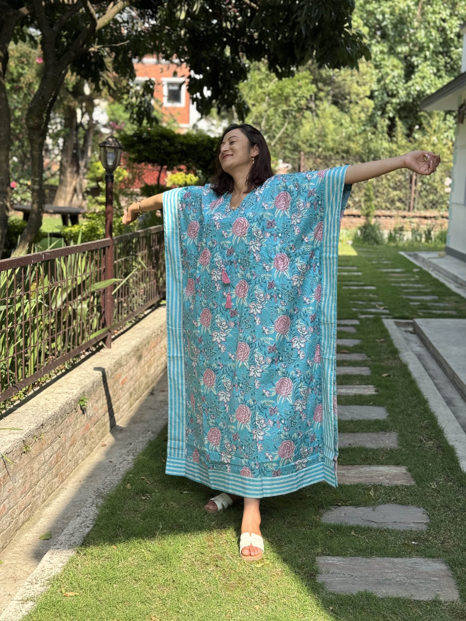 Pink Flower With Blue Base V Neck Zipper Kaftan 2 Pink Flower With Blue Base V Neck Zipper Kaftan - Image 2