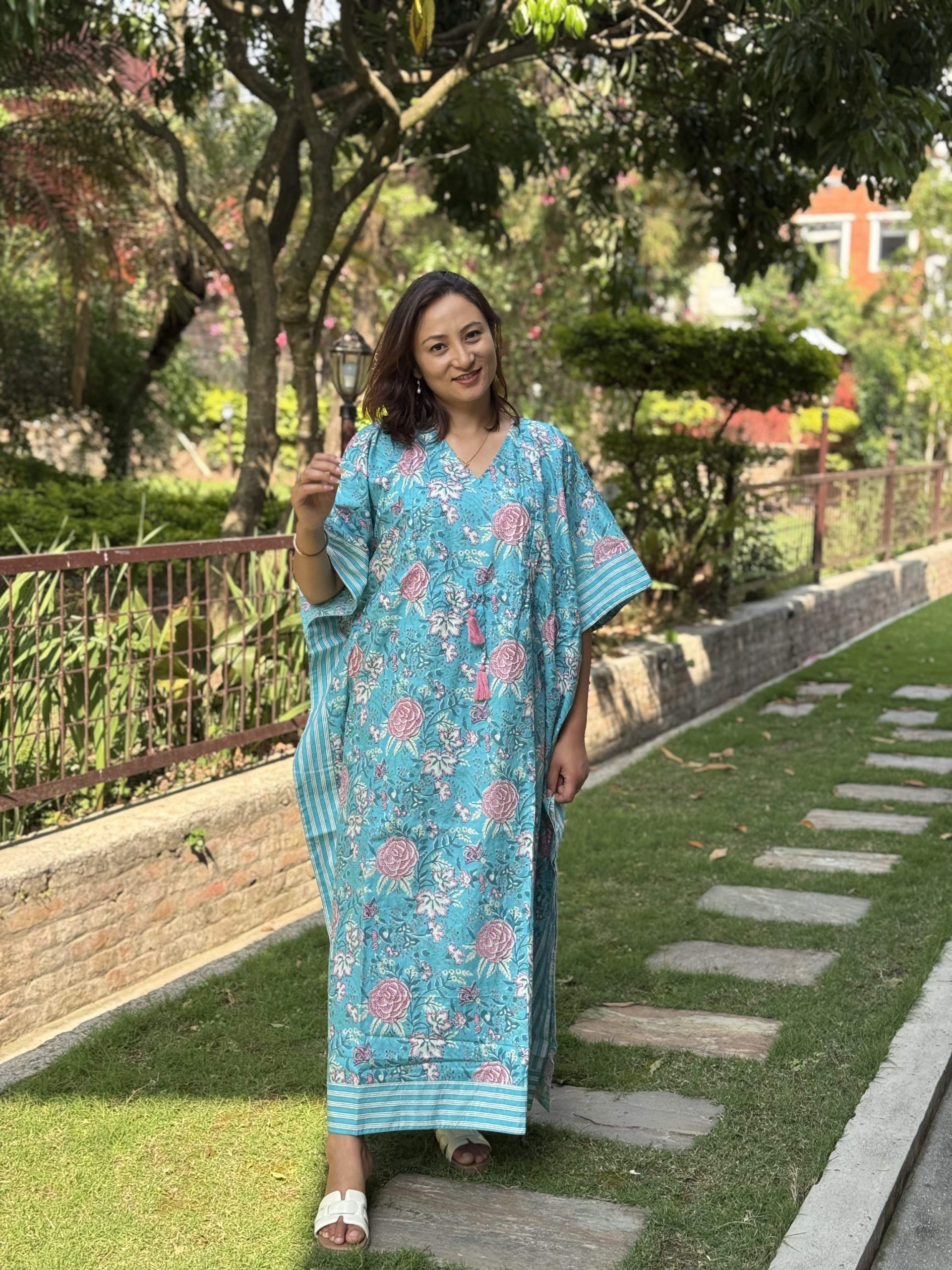Pink Flower With Blue Base V Neck Zipper Kaftan 3 Pink Flower With Blue Base V Neck Zipper Kaftan - Image 3