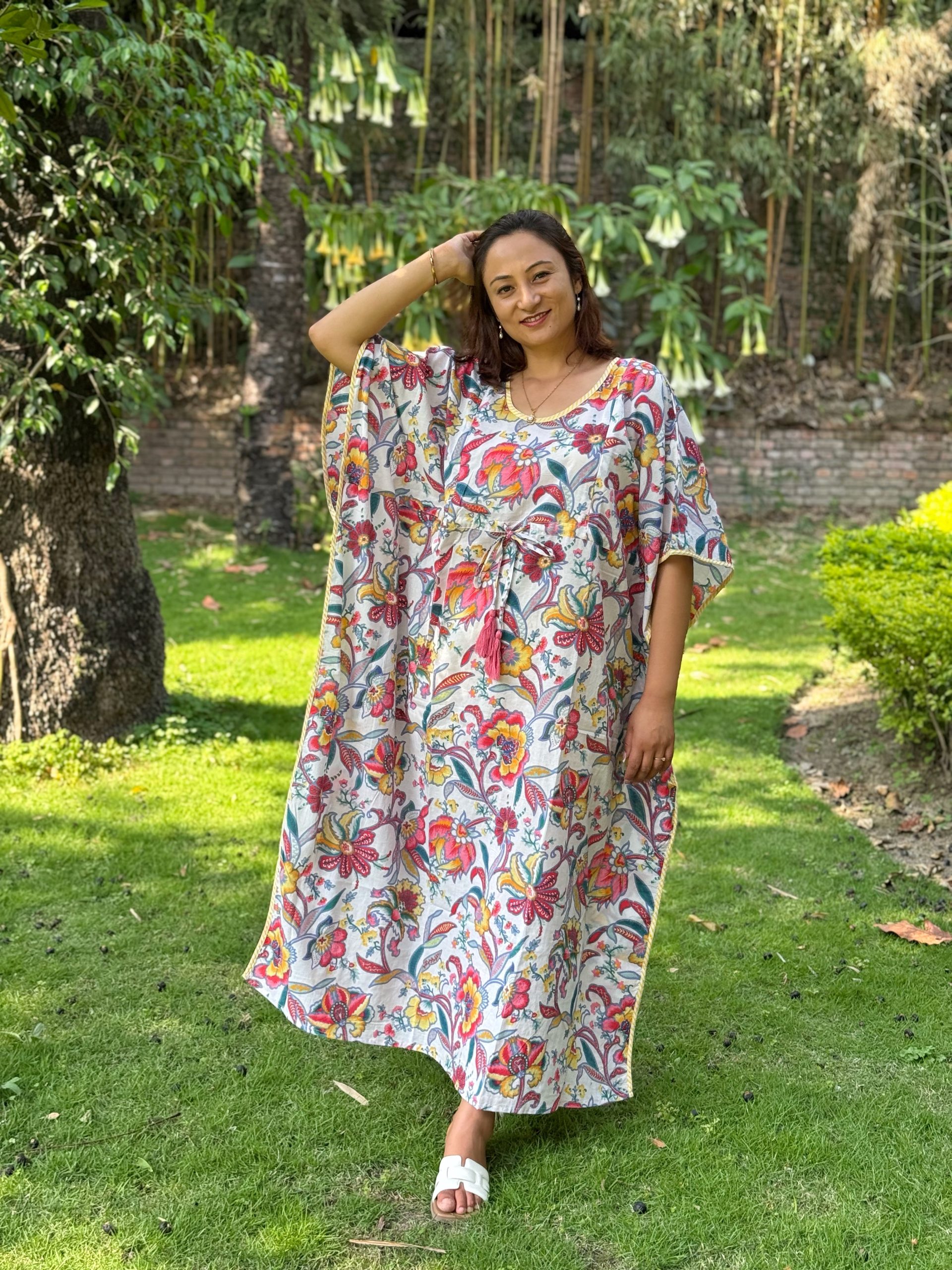 Floral Print White Base Round Shape Cotton Zipper Kaftan 2 Floral Print White Base Round Shape Cotton Zipper Kaftan - Image 2