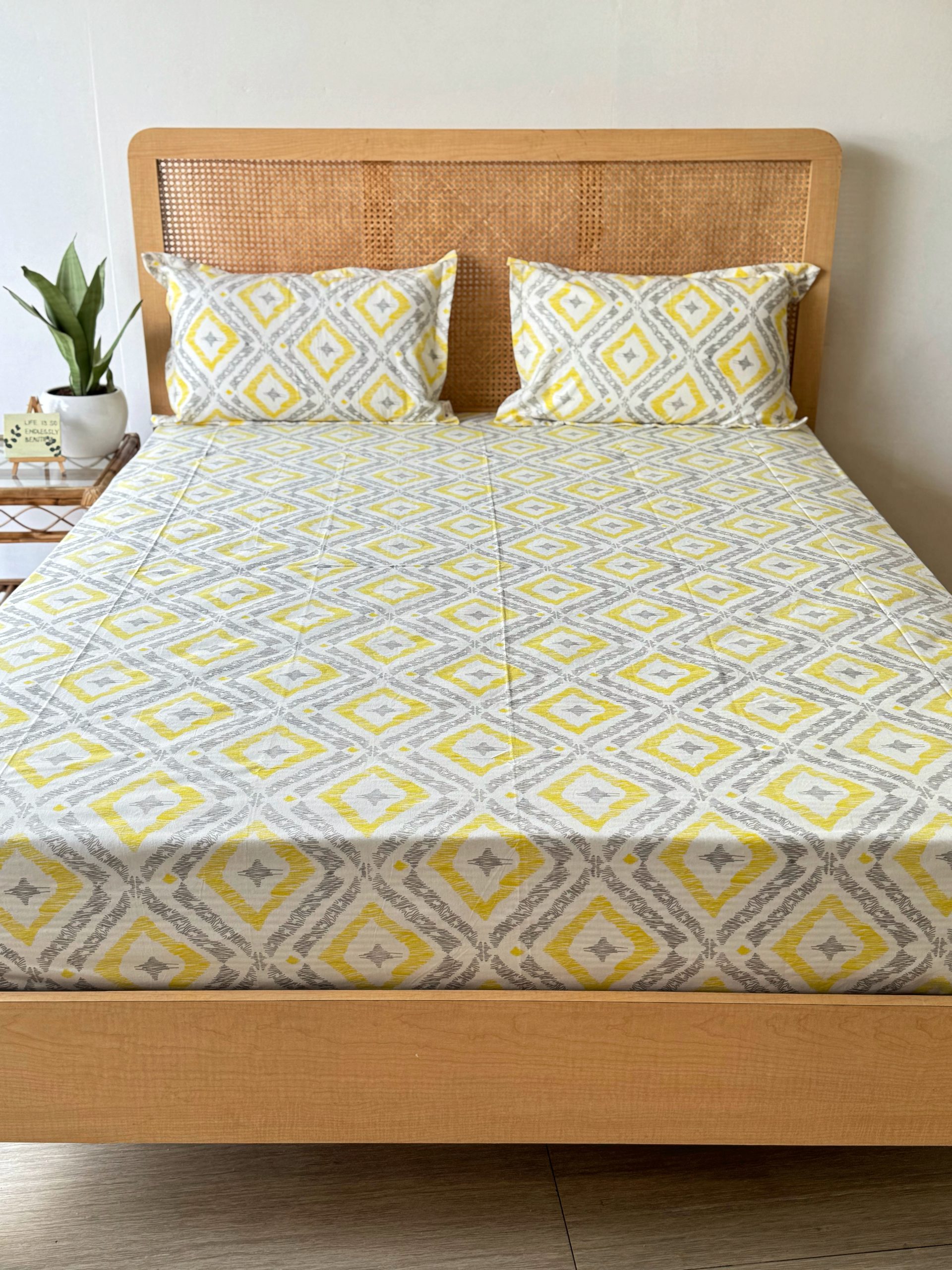Yellow And Grey Spade Printed Cotton Bedsheet With Bag 1 Yellow And Grey Spade Printed Cotton Bedsheet With Bag