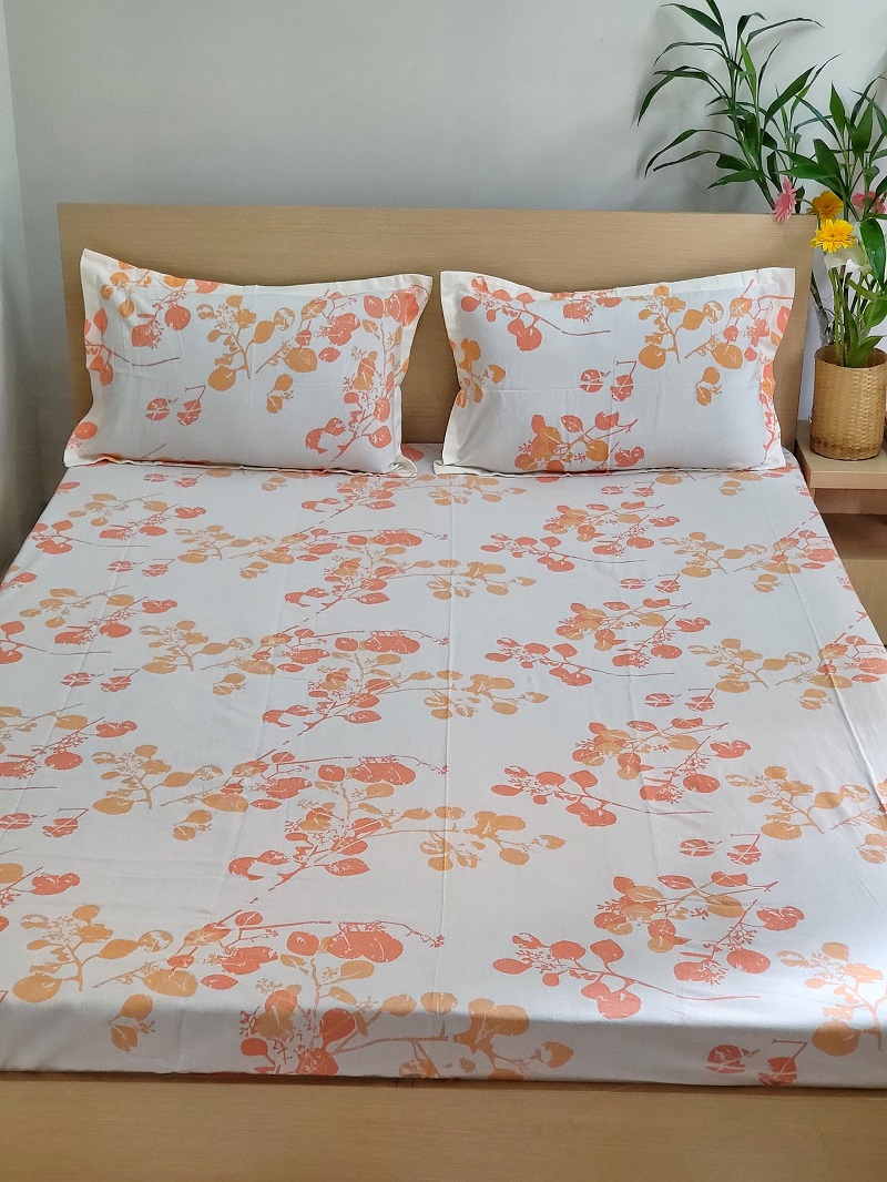 Orange Peepal Bot Fitted/Elastic Cotton Bedsheet With Bag 1 Orange Peepal Bot Fitted/Elastic Cotton Bedsheet With Bag