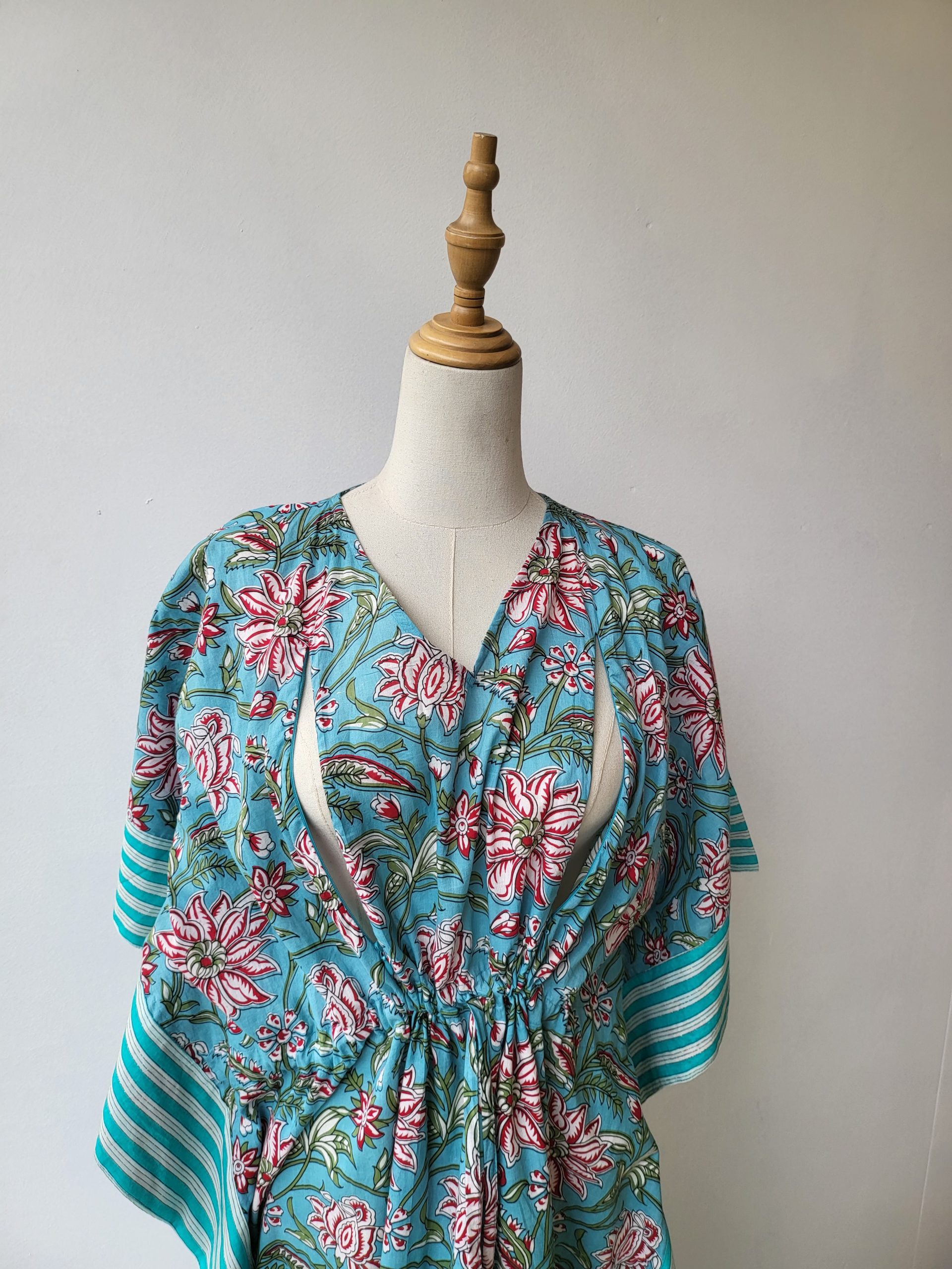 Leaves With Blue Base V Neck Cotton Zipper Kaftan 2 Leaves With Blue Base V Neck Cotton Zipper Kaftan - Image 2