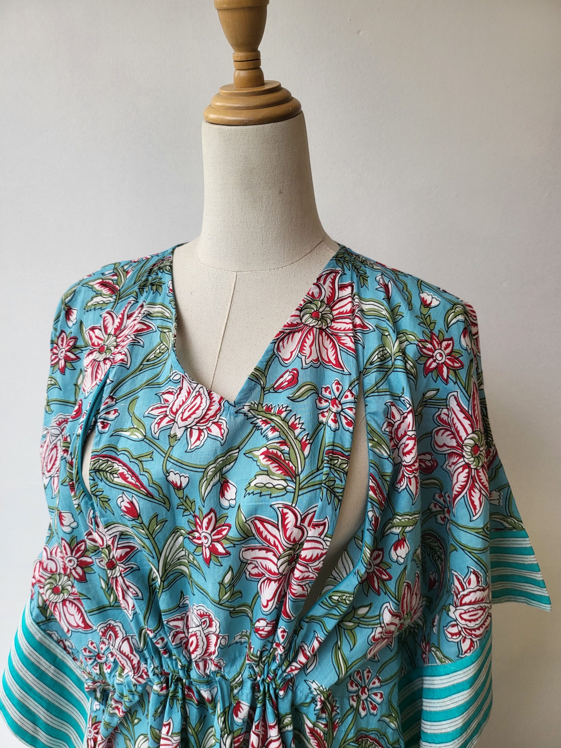 Leaves With Blue Base V Neck Cotton Zipper Kaftan 4 Leaves With Blue Base V Neck Cotton Zipper Kaftan - Image 4