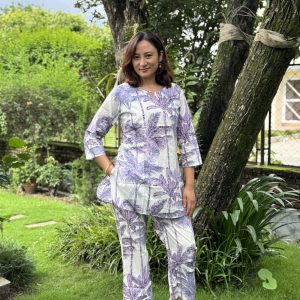 Purple Palm V-Neck Cotton Co-ord Set
