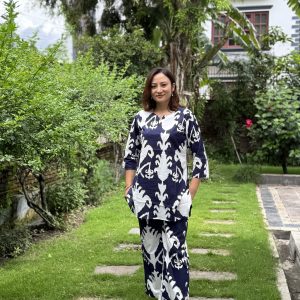 Navy Blue Motif V-Neck Kurthi Pant Co-ord Set