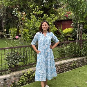 Blue Floral V Necked A-Line Cotton Dress