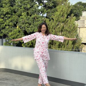 Soft Pink Flower V-neck Cotton Co-ord Set