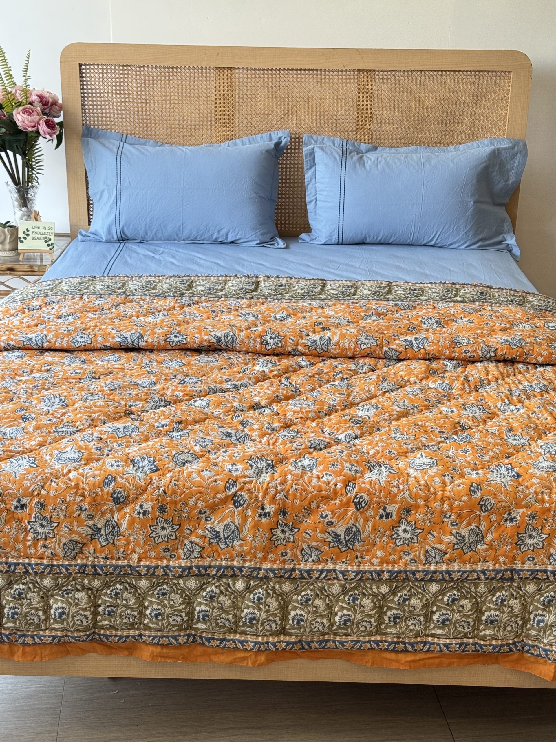 Set Of 4 Blue Horizon Solid Embroidery Bedsheet And Kapas Filled Blanket 3 Set Of 4 Blue Horizon Solid Embroidery Bedsheet And Kapas Filled Blanket - Image 3