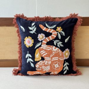 Animal Blue Base Embroidery Velvet Cushion (18 x 18 inch)