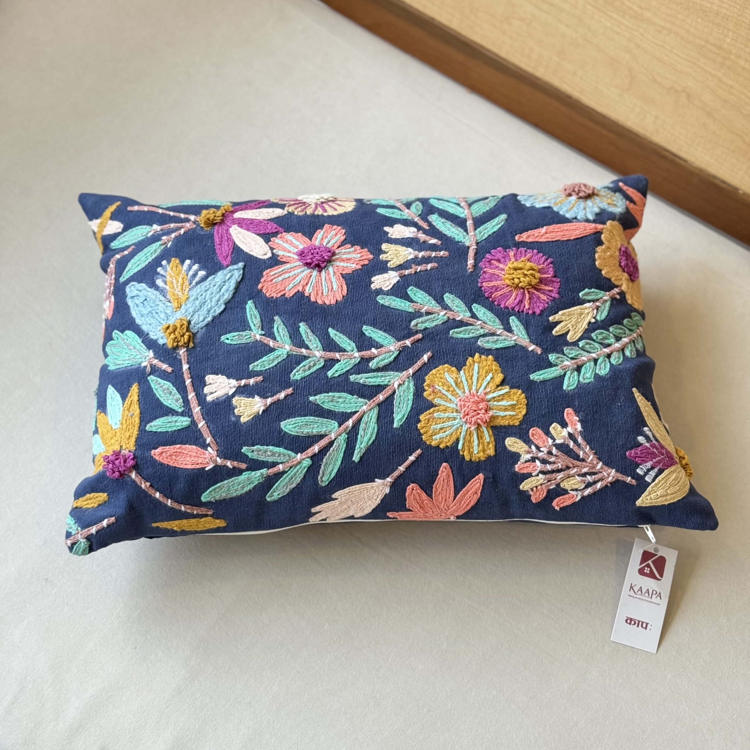 Multi Colour Floral Blue Base Embroidery Cushion (14 x 20 inch) 3 Multi Colour Floral Blue Base Embroidery Cushion (14 x 20 inch) - Image 3