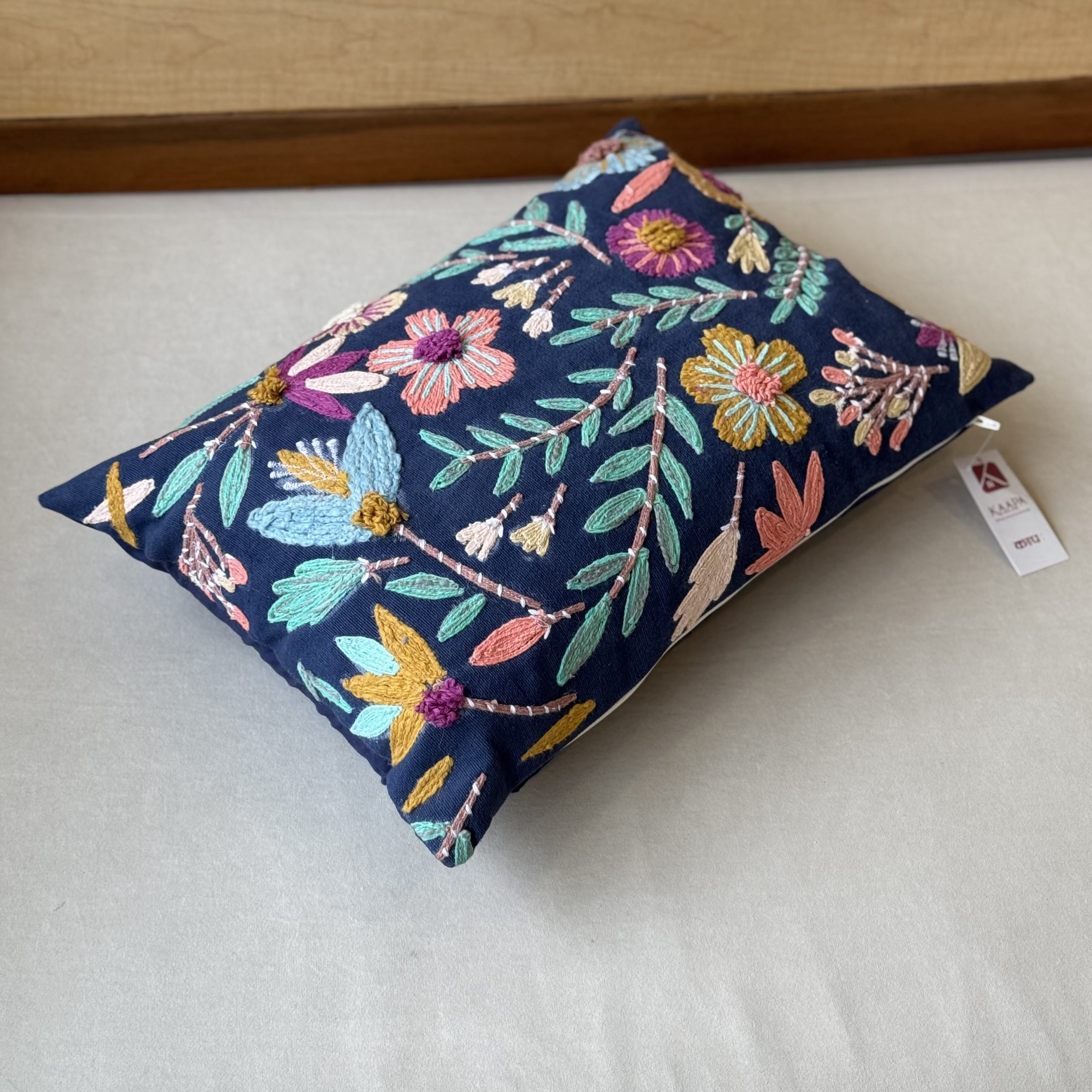 Multi Colour Floral Blue Base Embroidery Cushion (14 x 20 inch) 2 Multi Colour Floral Blue Base Embroidery Cushion (14 x 20 inch) - Image 2