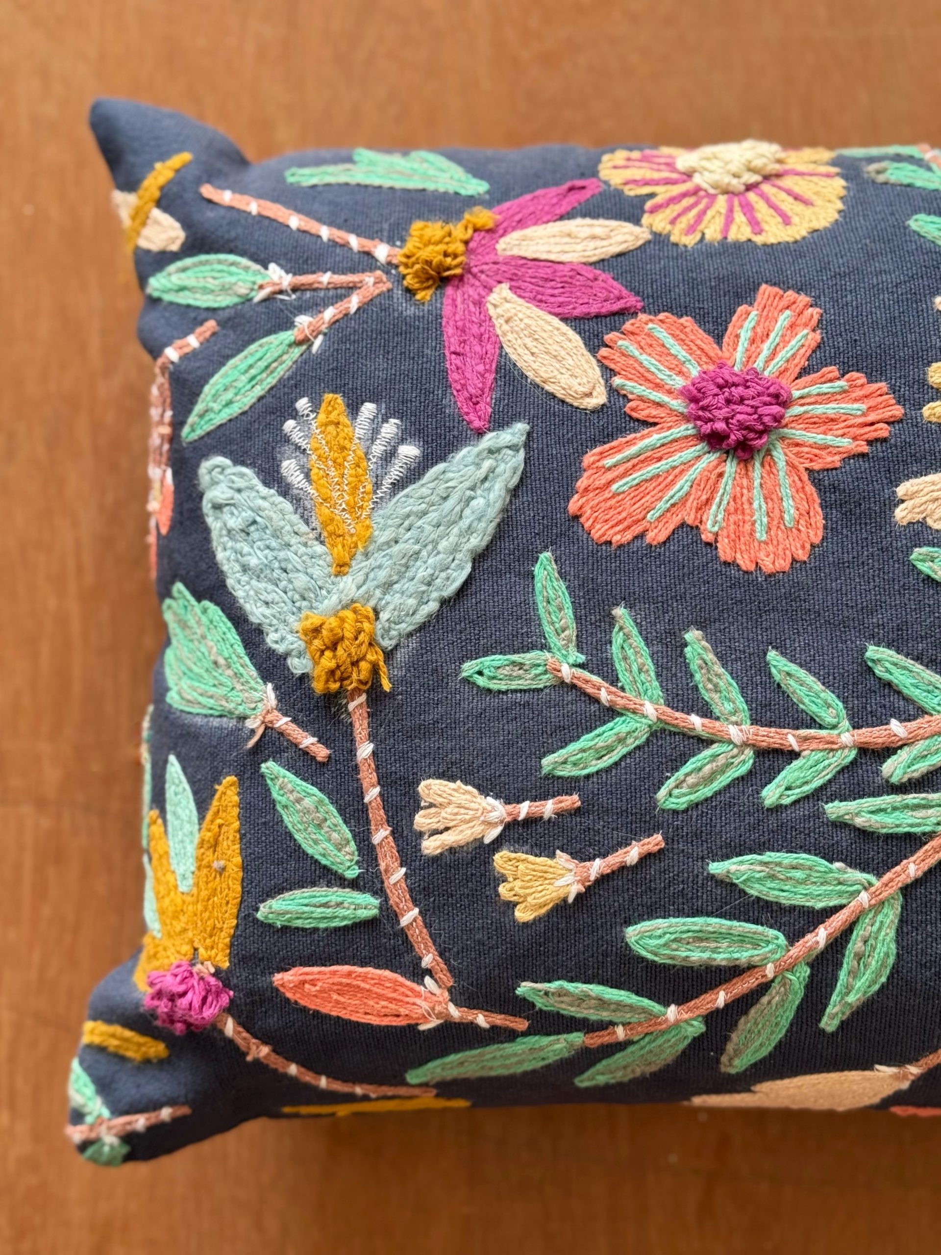 Multi Colour Floral Blue Base Embroidery Cushion (14 x 20 inch) 4 Multi Colour Floral Blue Base Embroidery Cushion (14 x 20 inch) - Image 4