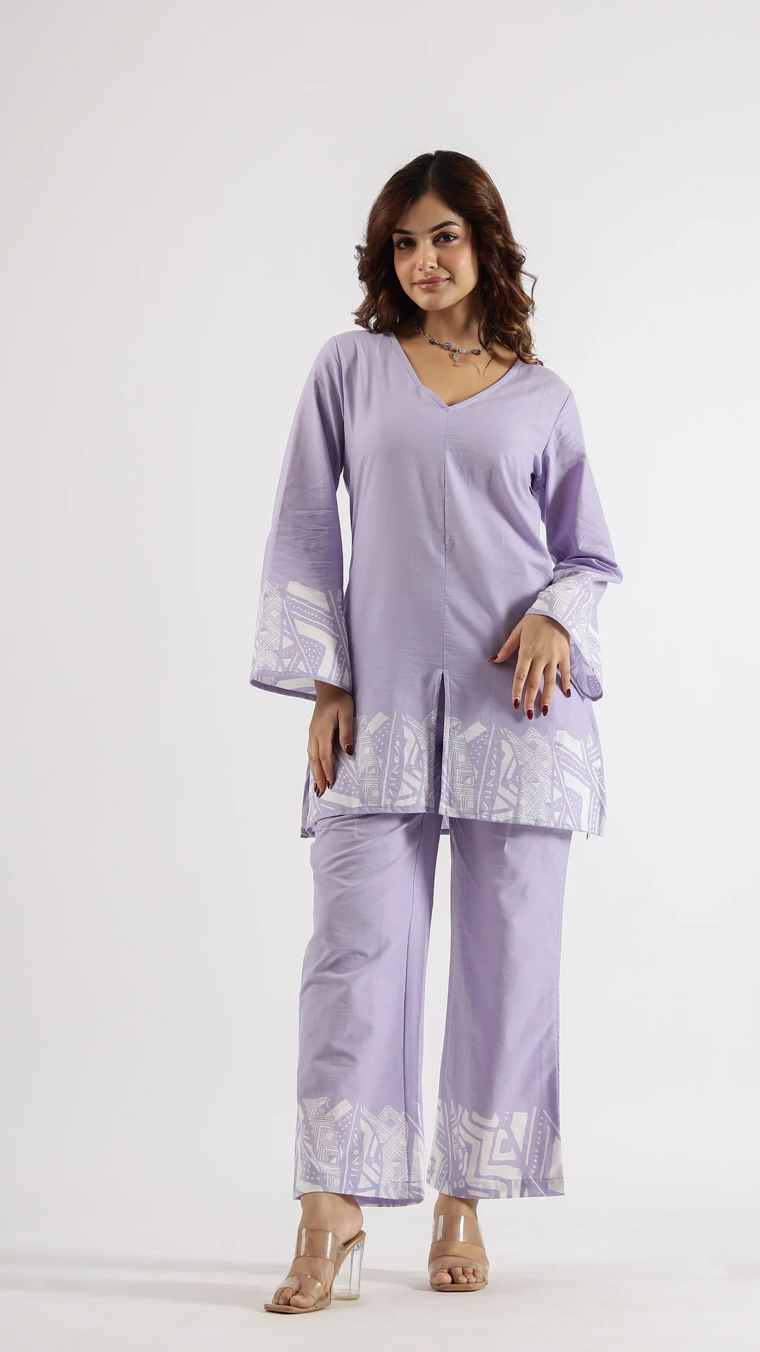 Purple Geometric V-Neck Cotton Co-ord Set 1 Purple Geometric V-Neck Cotton Co-ord Set