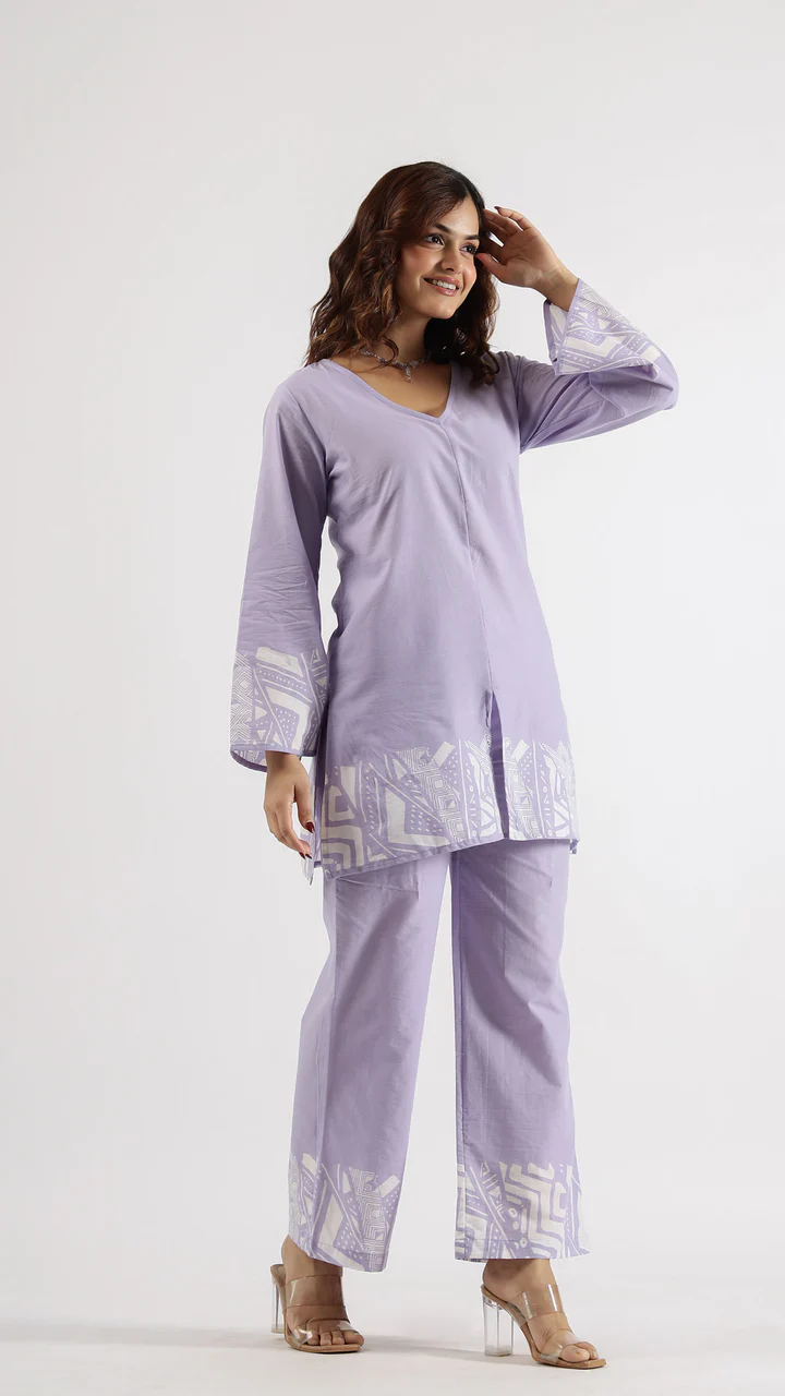 Purple Geometric V-Neck Cotton Co-ord Set 6 Purple Geometric V-Neck Cotton Co-ord Set - Image 6