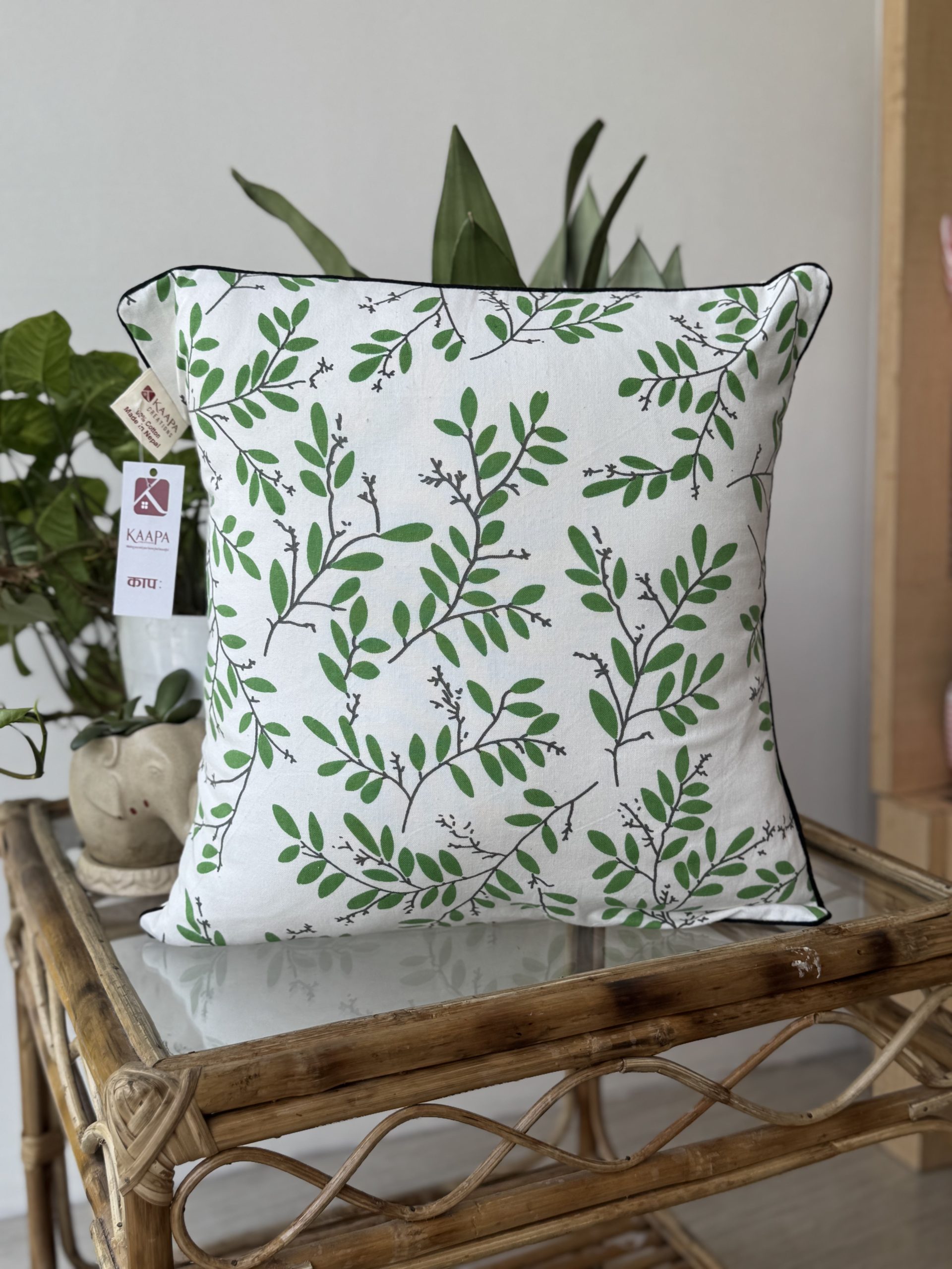 Green Leaves Piping Cotton Cushion (16 x 16 inch) 1 Green Leaves Piping Cotton Cushion (16 x 16 inch)