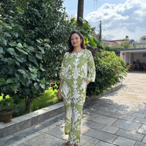 Green Motif V-Neck Kurthi Pant Co-ord Set
