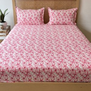 Pink Champa Fitted/Elastic Cotton Bedsheet With Bag
