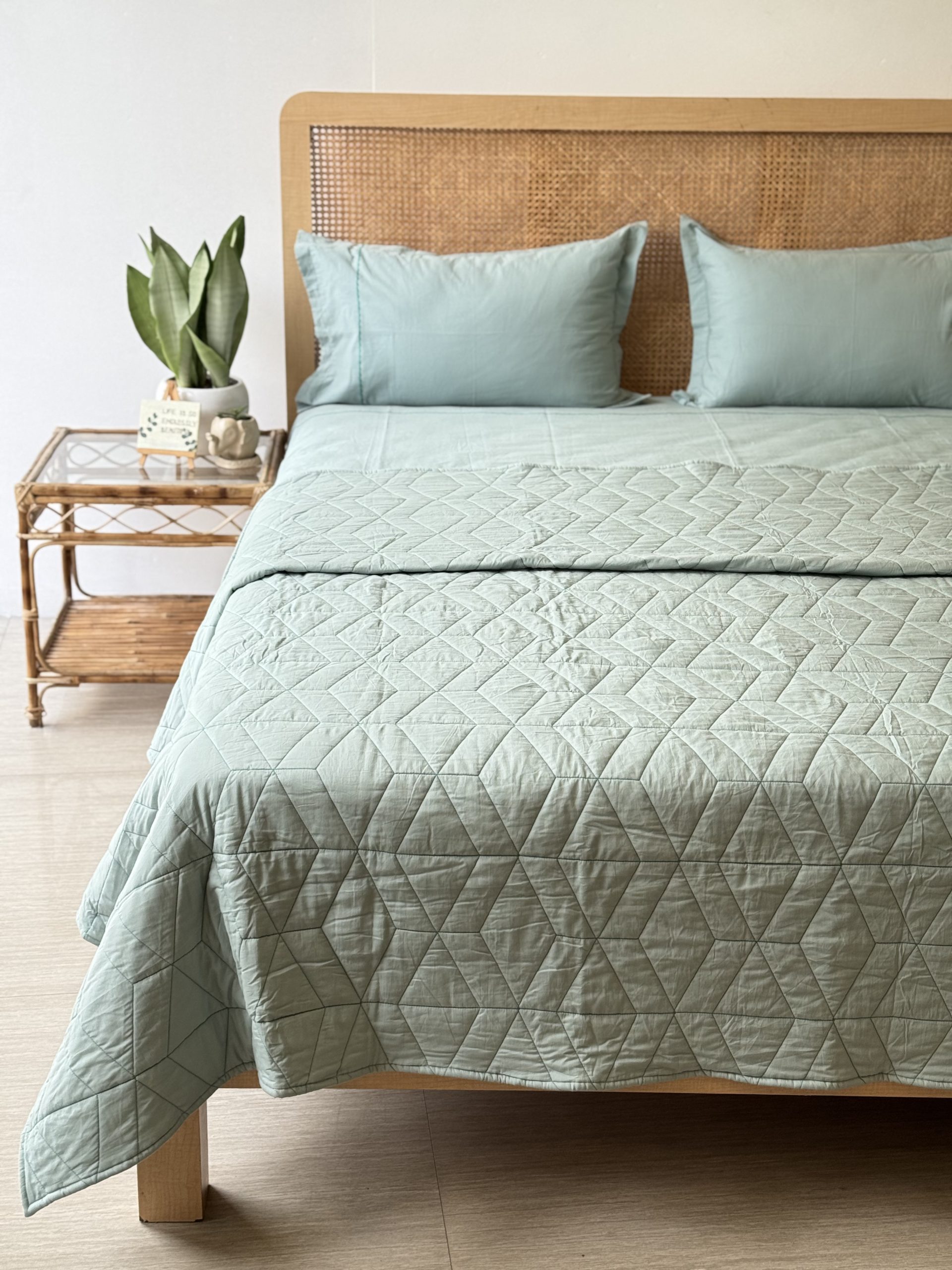 Set Of 4 Agave Green Solid Embroidery Bedsheet And Cotton Comforter 3 Set Of 4 Agave Green Solid Embroidery Bedsheet And Cotton Comforter - Image 3