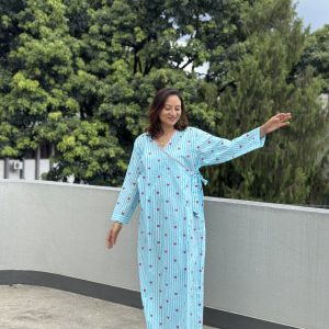 Heart Print With Blue Stripe Cotton Wrap Gown