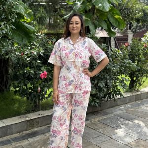 White Flower Cotton Pyjama/Pajama Sets