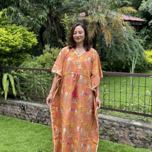Orange Floral Cotton Simple Kaftan