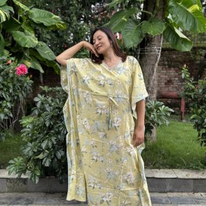 Light Green Cotton Simple Kaftan