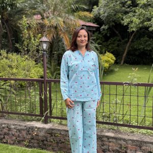 Heart With Blue Stripe Cotton Pyjama/Pajama Sets
