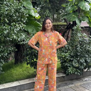 Orange Flower Cotton Pyjama/Pajama Sets