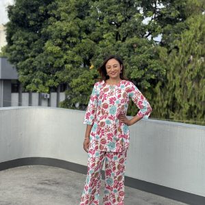 Pink & Blue Floral V-Neck Kurthi Pant Co-ord Set