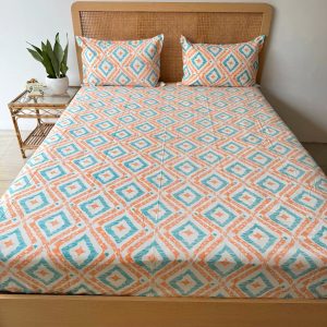 Blue And Orange Spade Fitted/Elastic Cotton Bedsheet With Bag