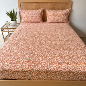 Brown Leaf Fitted/Elastic Cotton Bedsheet With Bag