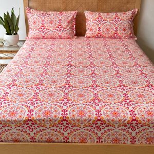 Red Marigold Cotton Bedsheet With Bag