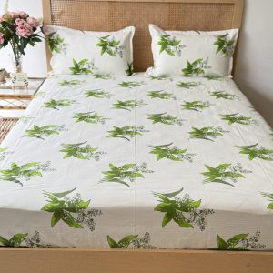 Green Leaves Cotton Bedsheet With Bag