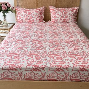 Pink Jungle Cotton Bedsheet With Bag