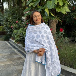 Blue Pot Three Layer Malmal khasto/Shawl With Bag